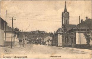 1910 Petrozsény, Petrosani; Templom utca. Adler fényirda / street view, church (EK)