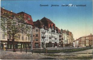 1916 Temesvár, Timisoara; Belváros, Széchenyi út, Színház, üzletek, villamos / street view, theatre, shops, tram (EK)