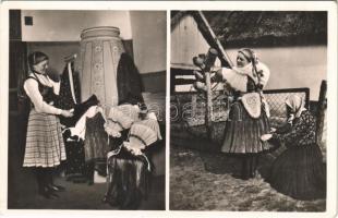 Boldogi népviselet. Boldogi leány öltözködés előtt és felöltözve / Hungarian folklore from Boldog, traditional costumes. Peasant maid from Boldog before dressing up and in dress for the feast