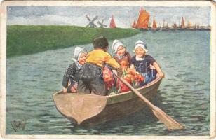 Children art postcard, rowing boat. B.K.W.I. 177-2. s: K. Feiertag (Rb)