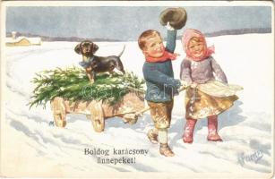 Boldog Karácsonyi Ünnepeket! / Christmas greeting Children art postcard with Dachshund dog. B.K.W.I. 3104/3. s: K. Feiertag (EK)