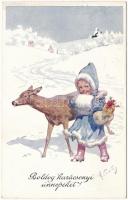 1911 Boldog Karácsonyi Ünnepeket! / Christmas greeting Children art postcard with deer. B.K.W.I. 2842-5. s: K. Feiertag