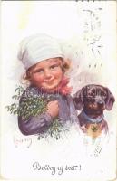 1912 Boldog Újévet! / New Year greeting Children art postcard with Dachshund dog. B.K.W.I. 2930-1. s: K. Feiertag (EK)