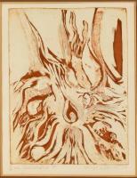 Ismeretlen jelzéssel, feltehetően izraeli grafikus munkája: Kompozíció, 1974. Rézkarc, papír. Számozott: 9/75. Üvegezett fa keretben. Kb. 32,5x24,5 cm.