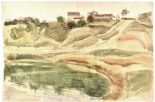 Udvary Pál (1900-1987): Dombos táj. Akvarell, papír. Hajtásnyommal. 31,5x48 cm.