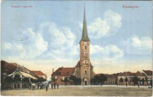 1912 Érsekújvár, Nové Zamky; Kossuth Lajos tér, templom, üzletek. Schönberger kiadása / square, church, shops