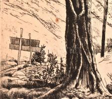 Gácsi Mihály (1926-1987): Falu. Rézkarc, papír, jelzett, kissé foltos, 29,5×39 cm