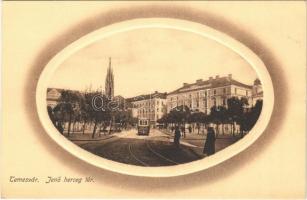 Temesvár, Timisoara; Jenő herceg tér, villamos, Rukavina emlékmű / square, tram, monument