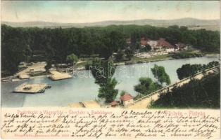 1912 Pöstyén, Piestany; park részlet a Vág partján, komp / Váh river, ferry