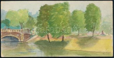 Olvashatatlan jelzéssel: Városligeti részlet a tóval és a híddal, 1966. Akvarell, papír, 10,5×20,5 cm