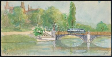 Olvashatatlan jelzéssel: Városligeti részlet a tóval és a híddal, háttérban a Vajdahunyad várával, 1966. Akvarell, papír, 10,5×20,5 cm