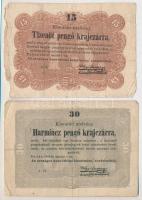 1849. 15kr + 30kr Kossuth bankó T:III,III- kis papírhiány Adamo G102,G103