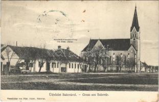 Bakóvár, Bachóvár, Bacova; templom, Nász Jakab üzlete és saját kiadása / church, shop