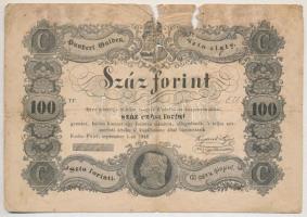 1848. 100Ft Kossuth bankó T:III- anyaghiány, nagyobb szakadás / Hungary 1848. 100Ft Kossuth banknote C:VG missing paper, bigger tear Adamo G114