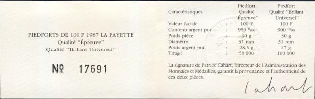 Franciaország 1987. 100Fr Ag + 100Fr Ag "La Fayette parancsnok" piefort (vastag) veret pár...