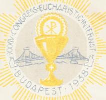 1938 A budapesti Nemzetközi Eucharisztikus Kongresszus asztali zászlója, fém tartóval, szignált, jó ...