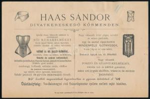 1895 Haas Sándor körmendi divatkereskedő árjegyzék-számlája okmánybélyeggel, hátoldalán rajzos árure...