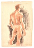 Udvary Pál (1900-1987): Férfi hátakt. Kréta, papír, jelzett, lap alján és szélén szakadásokkal, 43,5×31 cm