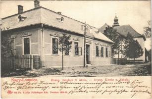 1908 Kakaslomnic, Nagylomnic, Velká Lomnica; Evangélikus templom és iskola. Feitzinger Ede 683. Ps. 1904-14. / Lutheran church and school (EK)