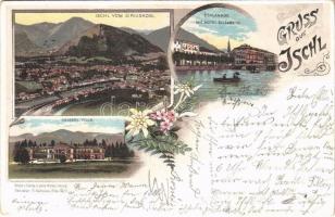 1898 (Vorläufer) Bad Ischl, Vom Siriuskogl, Esplanade mit Hotel Elisabeth, Kaiserl. Villa. Art Nouveau, floral, litho