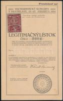 1924 A pozsonyi Eucharisztikus Kongresszus 6. számú kitöltetlen legitimációs űrlapja cseh nyelven, okmánybélyeggel, jó állapotban