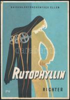 1950 A Richter Gyógyszergyár Rutophyllin dekoratív képes gyógyszerreklám lapja, Gönczi grafikája, levélként elküldve