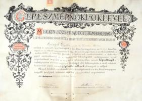 1907 A Magyar Királyi József Műegyetem gépészmérnöki diplomája, okmánybélyeggel, összehajtva