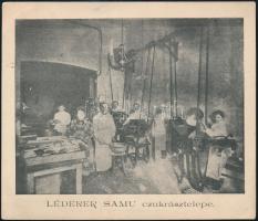 cca 1910 Léderer Samu pesti, villanyerőre berendezett cukrásztelepének fotóval illusztrált kétoldalas reklámkartonja, szép állapotban