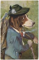 Humoristische Hunge. Hühnerhund als Holzknecht / Humorous Dog, a pointer as a woodcutter. Serie 2047/3. 6. Dess. artist signed (wet damage)