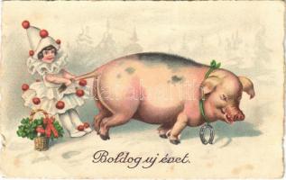 1927 Boldog új évet. Bohóc kislány malaccal / New Year greeting, pig. WSSB 9694. litho (EB)