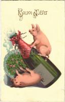 1934 Boldog új évet. Malacok pezsgővel / New Year greeting, pigs with champagne. litho (szakadás / tear)