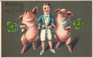 1912 Boldog új évet. Malacok fiúval / New Year greeting, pigs with boy. G.G.K. No. 362. litho