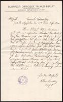 1918 A Budapesti Orthodox Talmud Egylet közgyűlésének megemlékezése Blau Károly haláláról az egylet levélpapírján és pecsétjével, Klein Markusz saját kezű írásával és aláírásával, jó állapotban