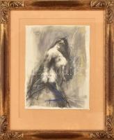 Szabó Tamás (1952-): Hátakt. Vegyes technika, papír, jelzett. Üvegezett dekoratív fa keretben, 34x26...