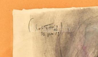 Szabó Tamás (1952-): Hátakt. Vegyes technika, papír, jelzett. Üvegezett dekoratív fa keretben, 34x26...