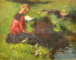 Gimes Lajos (1886-1945): Vízparton olvaso lány. Olaj, karton, jelzett. Dekoratív üvegezett keretben, 26×33,5 cm