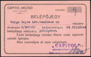 1941 Lebélyegzett, aláírt belépőjegy a kolozsvári (Erdély) Capitol mozgó filmvetítéseire Varga Lajos követségi tanácsos nevére kiállítva, szép állapotban