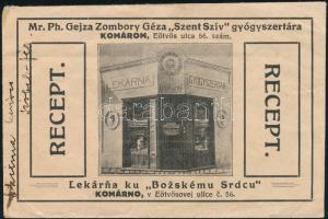 cca 1925 Zombory Géza Szent Szív komáromi (Felvidék) gyógyszertárának magyar és szlovák nyelvű receptborítékja az üzlet látképével, szép állapotban