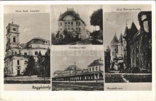 1941 Nagykároly, Carei; római katolikus templom, Széchenyi utca, vasútállomás, Gróf Károlyi kastély / church, street, railway station, castle
