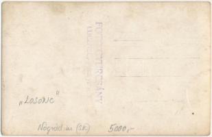 Losonc, Lucenec; házfelújítás, munkások a háztetőn létrával és fűrésszel / house renovation, workers...