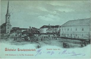 1899 Érsekújvár, Nové Zámky; Kossuth Lajos tér, templom, piac, üzletek. Conlegner J. és Fia kiadása / square, church, market vendors, shops