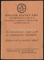1950 A Rigler József Ede Papírneműgyár Rt. reklám jegyzetfüzete, kultúrával a reakció ellen jelszóval