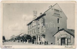 1941 Érsekújvár, Nové Zámky; Park szálloda és kádfürdő, üzletek / hotel, spa, bath, shops (kopott sarkak / worn corners)