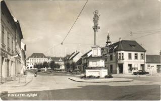 1958 Pinkafő, Pinkafeld; tér, Karl Strobl üzlete, szobor, dohánybolt / Strasse, Geschäft, Tabak Trafik / street, shop, statue, tobacco shop, automobil. Photo Bruckner (fl)