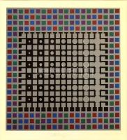 Victor Vasarely (1908-1997): Op-art kompozíció. Ofszet, papír, jelzett. Üvegezett fa keretben, 19×18 cm
