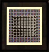 Victor Vasarely (1908-1997): Op-art kompozíció. Ofszet, papír, jelzett. Üvegezett fa keretben, 19×18...