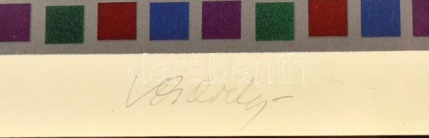 Victor Vasarely (1908-1997): Op-art kompozíció. Ofszet, papír, jelzett. Üvegezett fa keretben, 19×18...