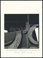 Joseph Kádár (1936-2019): Hommage a Le Corbusier, 1987. Szitanyomat, papír, jelzett, művészpéldány E.A. Hátoldalon a művész pecsétjével. 13x13 cm