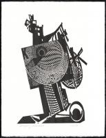 Joseph Kádár (1936-2019): Kompozíció, 1981. Cinkográfia, papír, jelzett, számozott: 31/50. Hátoldalon a művész pecsétjével és autográf feliratával. 26x16,5 cm
