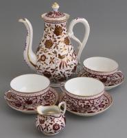 Virágmintás porcelán teás készlet, 3 db csésze + 3 db alj, kanna, kis kiöntő, kézzel festett, jelzés nélkül, kis kopásnyomokkal